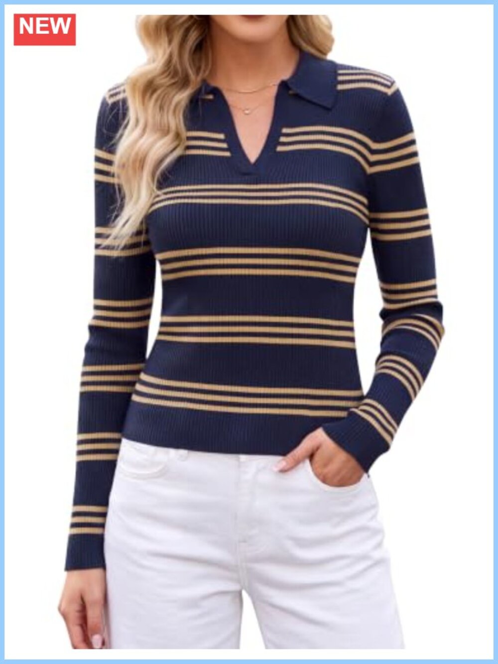Striped Lightweight Knit Polo Sweater Long Sleeve V Neck Pullover